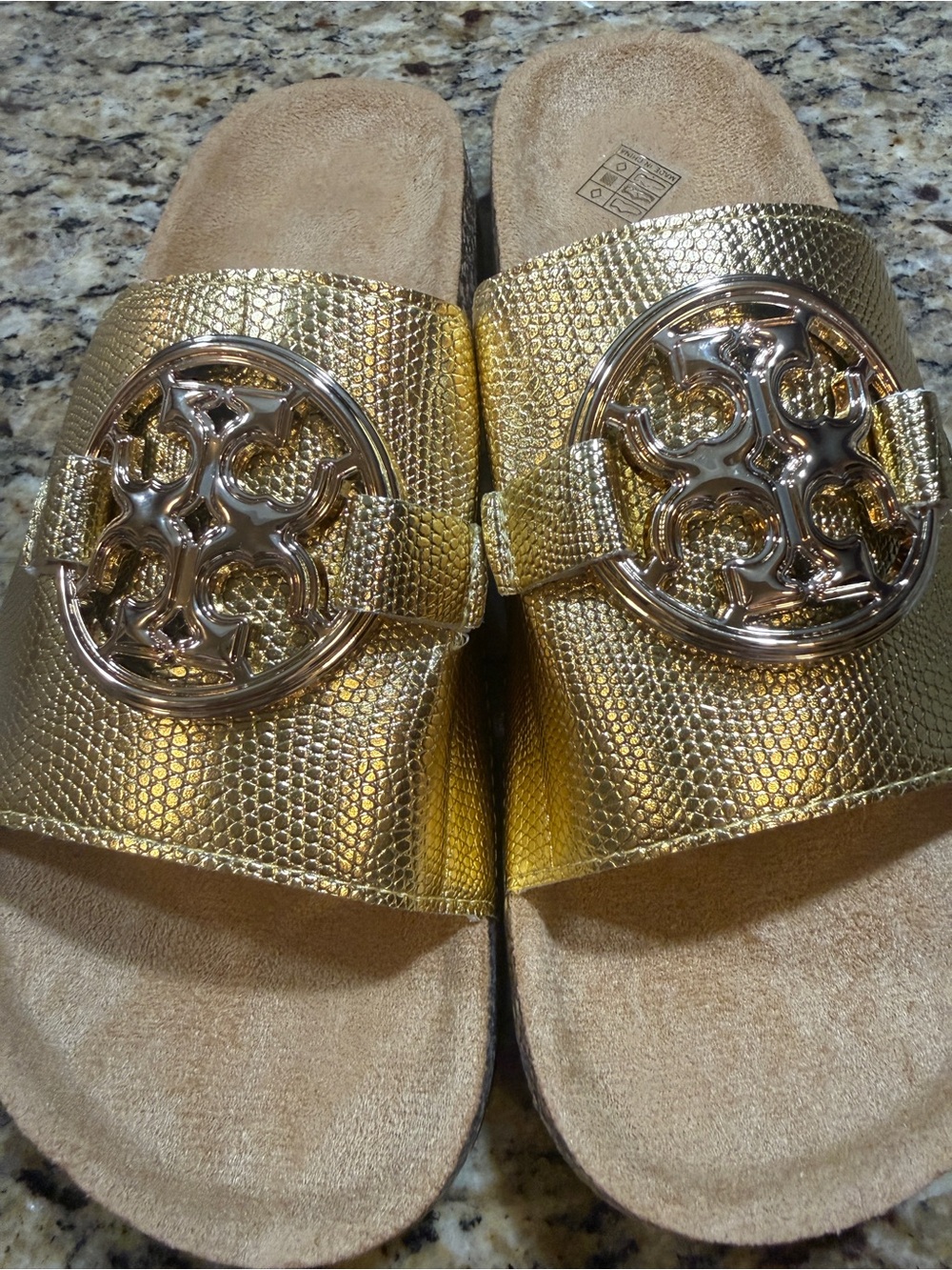 Metallic Gold Slide Sandals with Signature Medallion